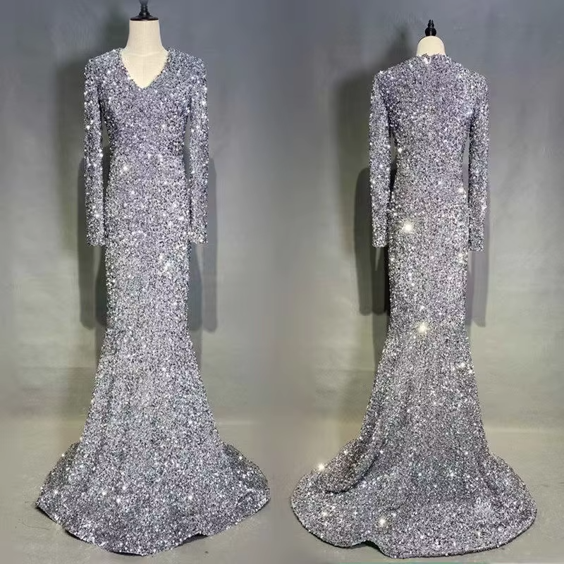 Custom Women's Elegant Designer Evening Dress Women V-Neck Long Sleeve Party Prom Banquet Dresses