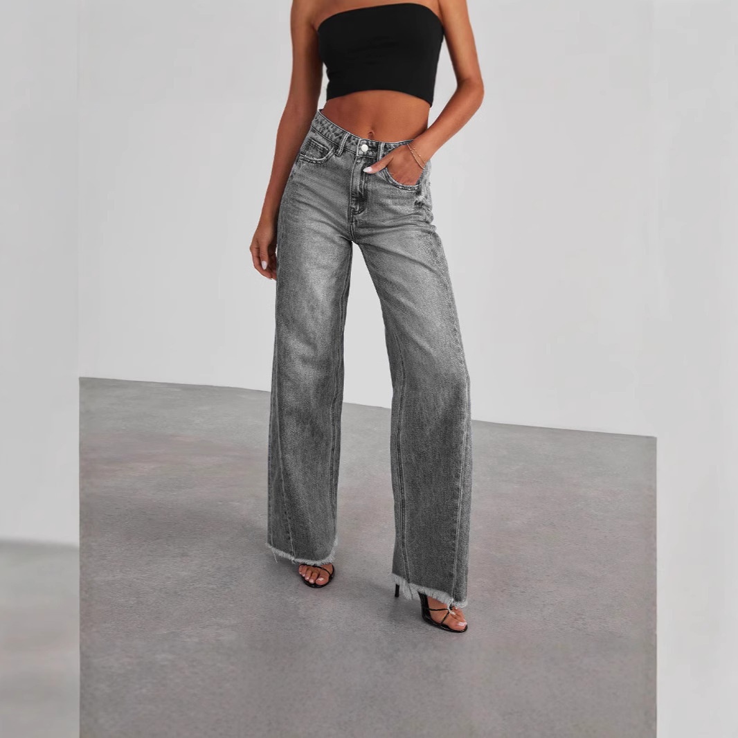 Women's Wide Leg Jeans High Waisted Stretchy Raw Hem Zimbaplatinum Denim Pants