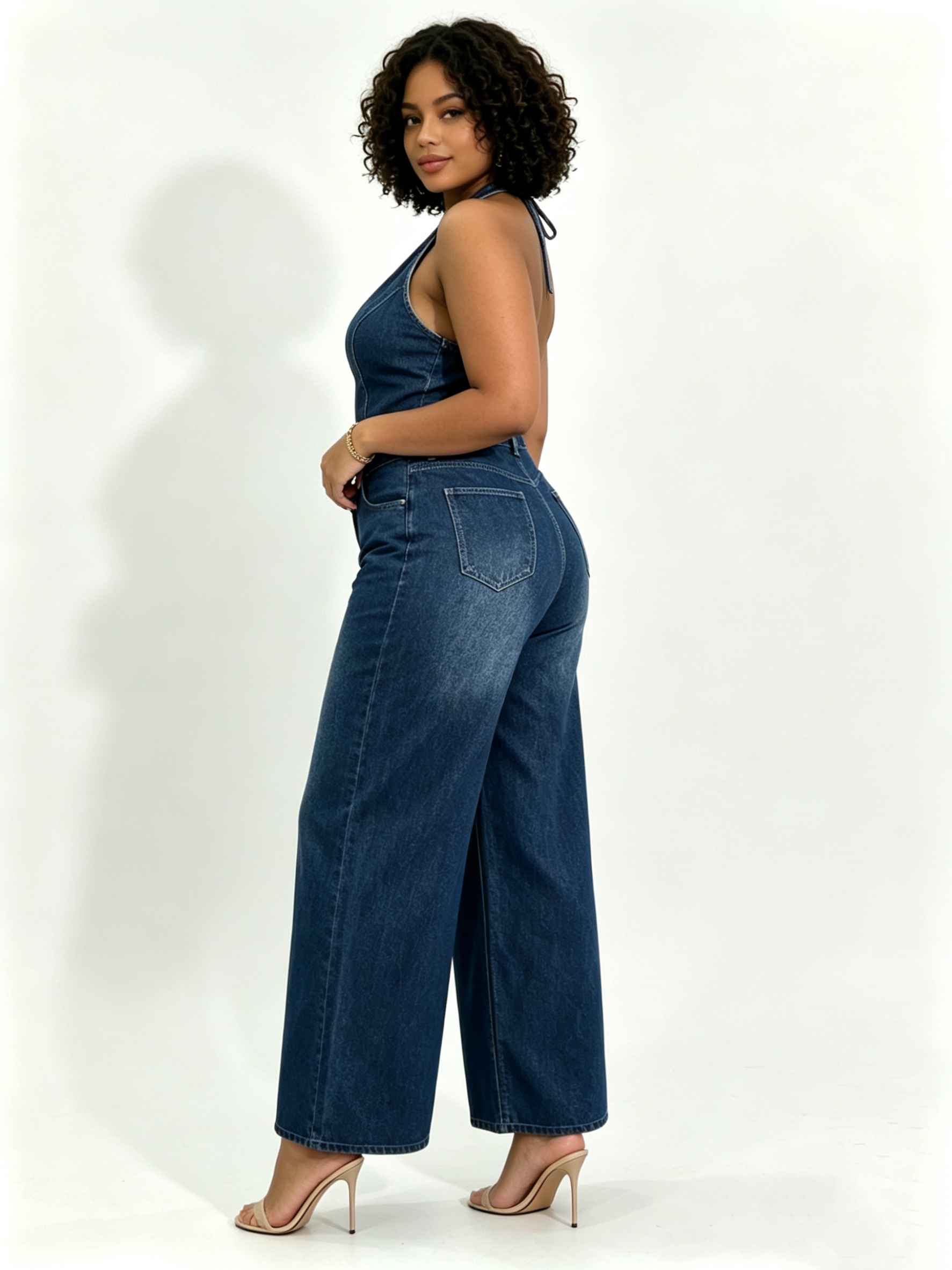 Wide Leg Denim Jumpsuit Women Halter Neck Sexy Backless Button Down Overalls Trendy Lapel One-Piece Jean Outfit