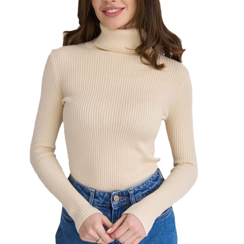 Women's Korean Style High Collar Pullover Long Sleeve Sweater Autumn Winter Fashion Bottoming Shirt Front Logo Knitted Weaving