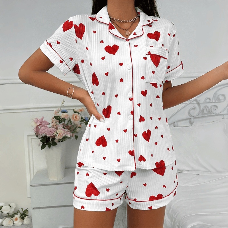 2026 Popular Striped Cardigan Lapel Buttons Women's Short-sleeve Shorts Loungewear Two-piece Set