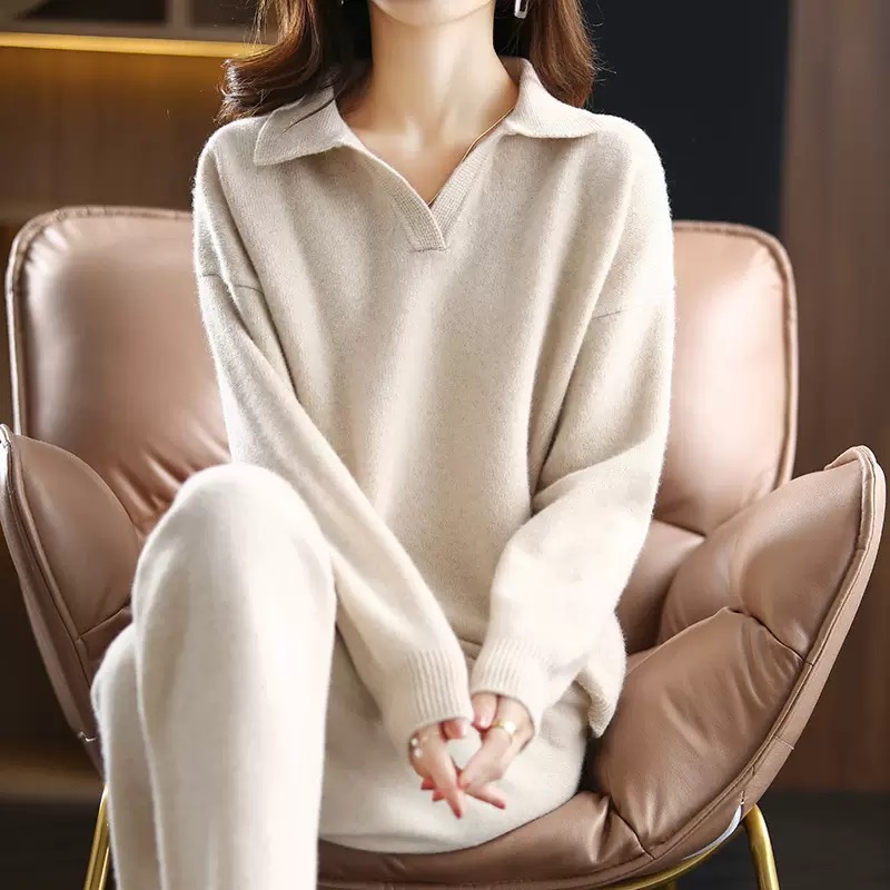 ODM/OEM Italian Luxury Ladies' Cashmere/Wool Homie Wear Sets Cashmere Knitted Sweater &amp; Pants Two Piece Loungewar Set For Women