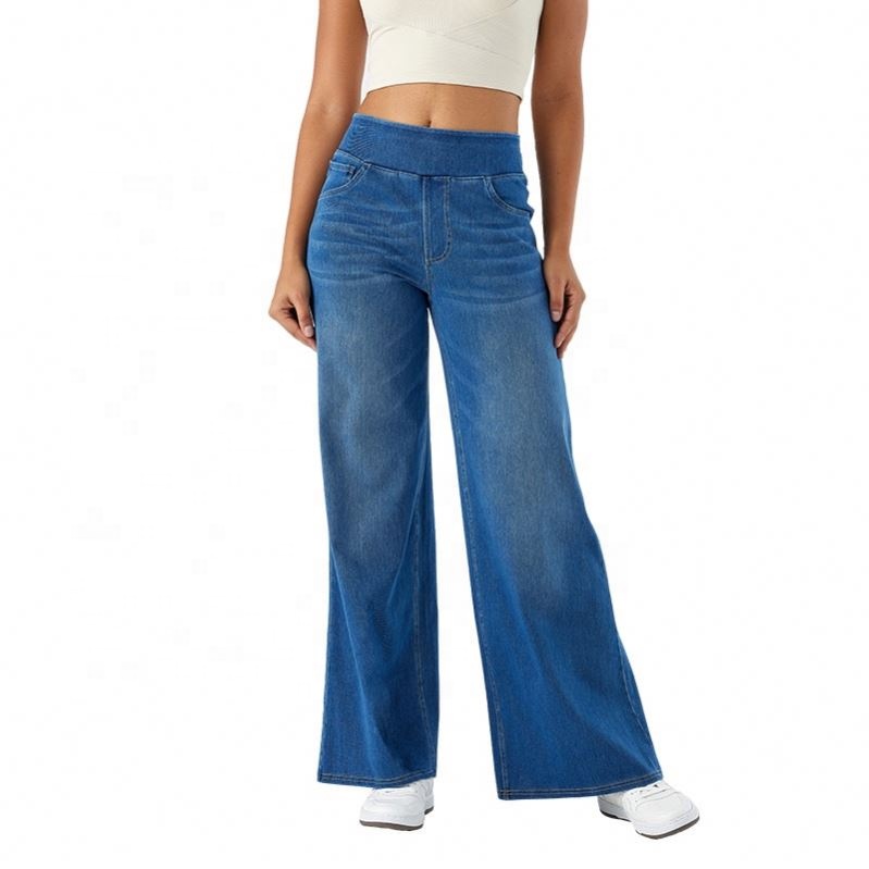 Custom Logo Women's Wide Leg Denim Pants High Waist Washed Look Loose Fit Stretch Jeans Casual Streetwear Trousers
