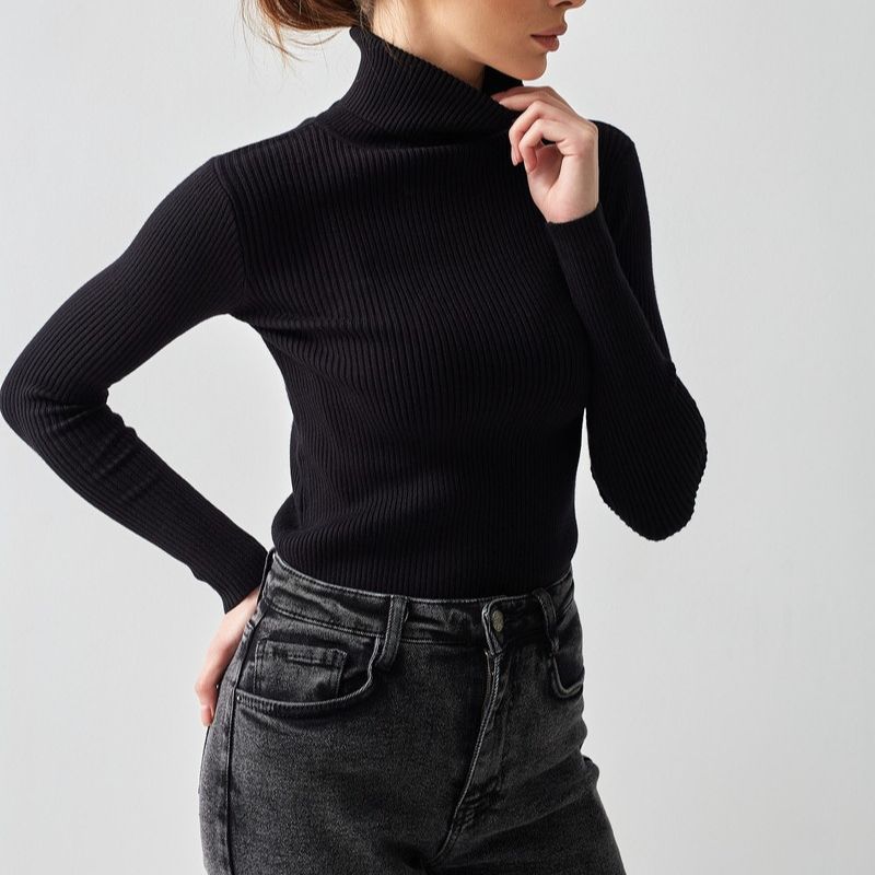 Women's Korean Style High Collar Pullover Long Sleeve Sweater Autumn Winter Fashion Bottoming Shirt Front Logo Knitted Weaving