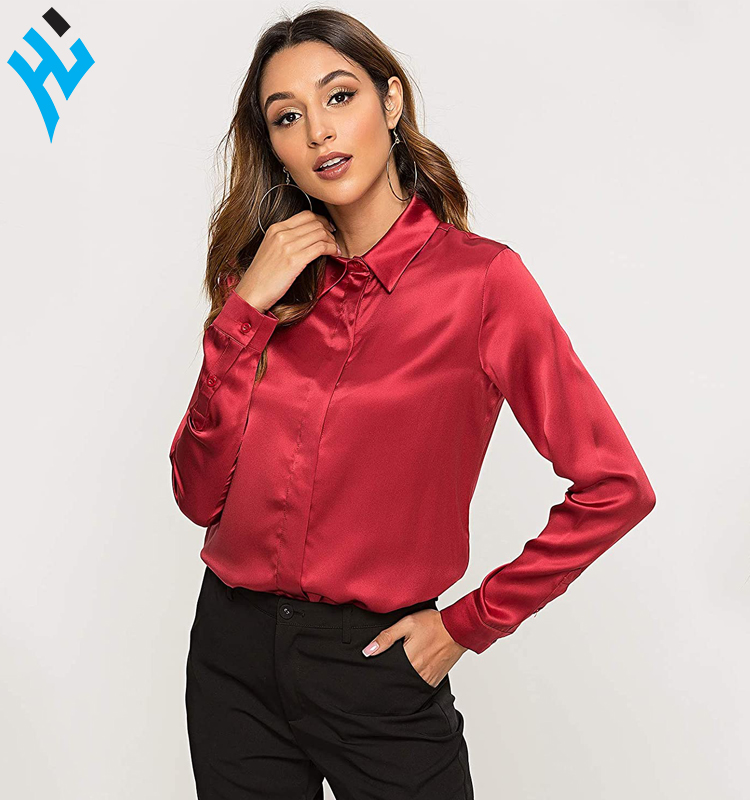 Women's Satin Silk Blouse Long Sleeve Formal Work Button Down Blouses | Office Wear Basic Simple RED Top Satin Silk Dress Shirts