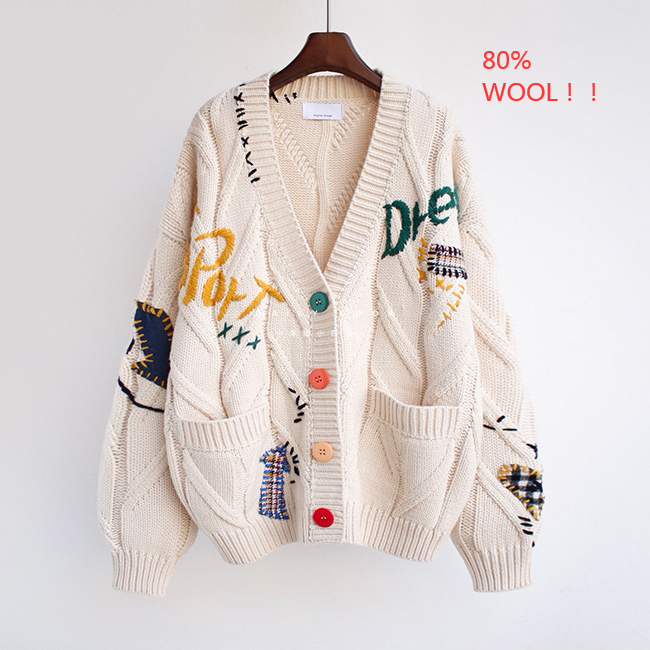2022 Oversized Embroidery Jacquard Wool Viscose Cardigan Women's Casual Plus Size Knitted Front Button V-neck Thick Anti-Wrinkle