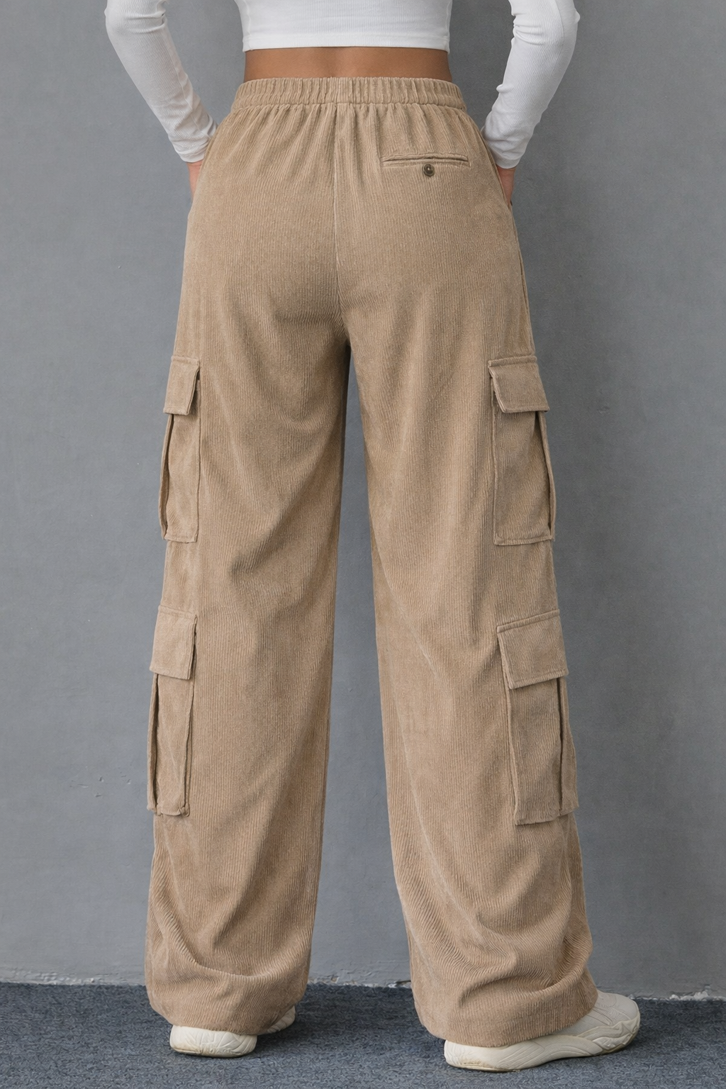 Women Plus Size Breathable Washed Mid-Waist Canvas Cargo Pants Elastic Waist Regular Fit Multi Pocket Moto Biker Wide Leg Autumn