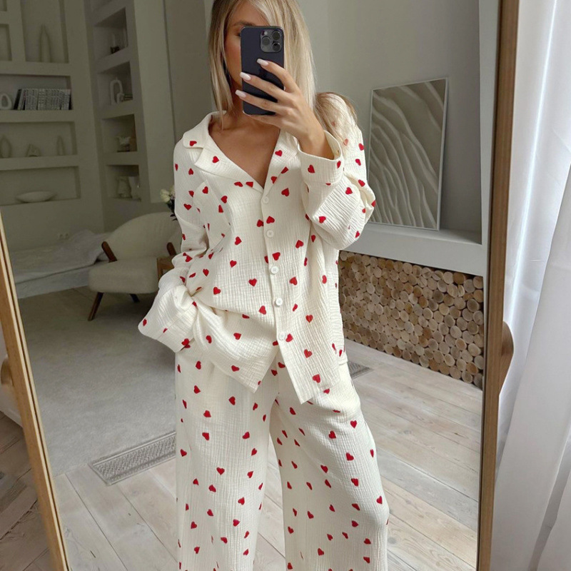 Women's Elegant Loose Long Sleeve Top Pants Sleepwear Set Heart Print Two-Piece Pajama Elastic Waist Soft Casual for Autumn