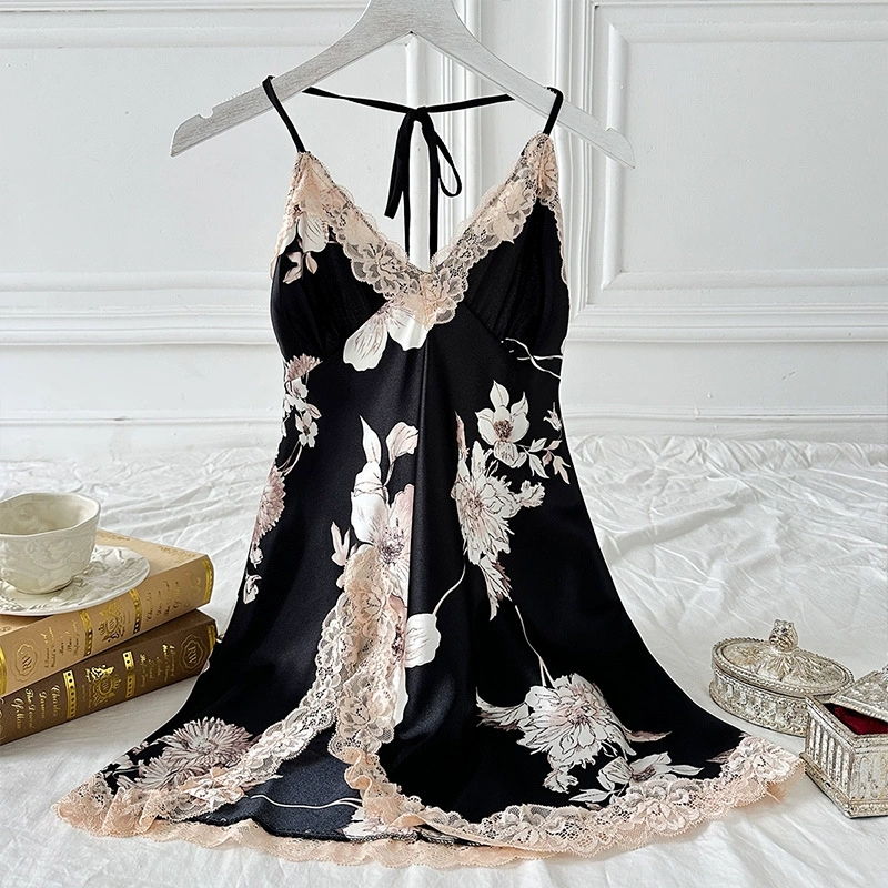 Summer Women's Satin Print Lace Pajamas Dress Sexy Backless Sleeveless Short Sleep Skirt Breathable Quick Dry Soft Loungewear
