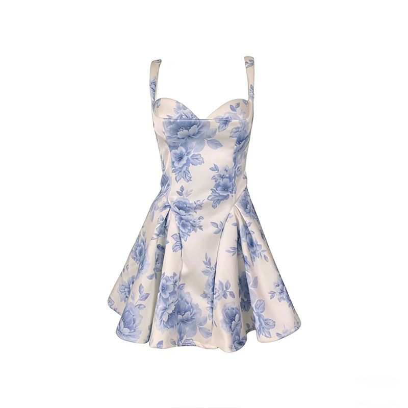 Customizable Women's Floral Print Casual Summer Mini Dress Shoulder Straps Collarless Natural Breathable Chiffon OEM Service