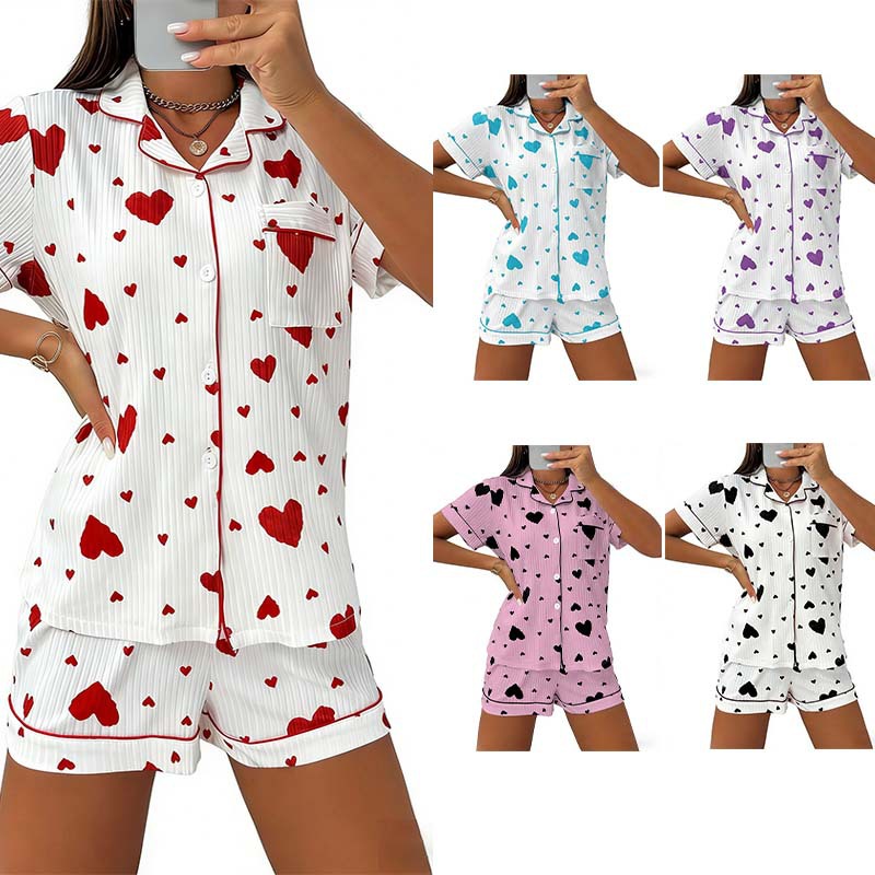 2026 Popular Striped Cardigan Lapel Buttons Women's Short-sleeve Shorts Loungewear Two-piece Set