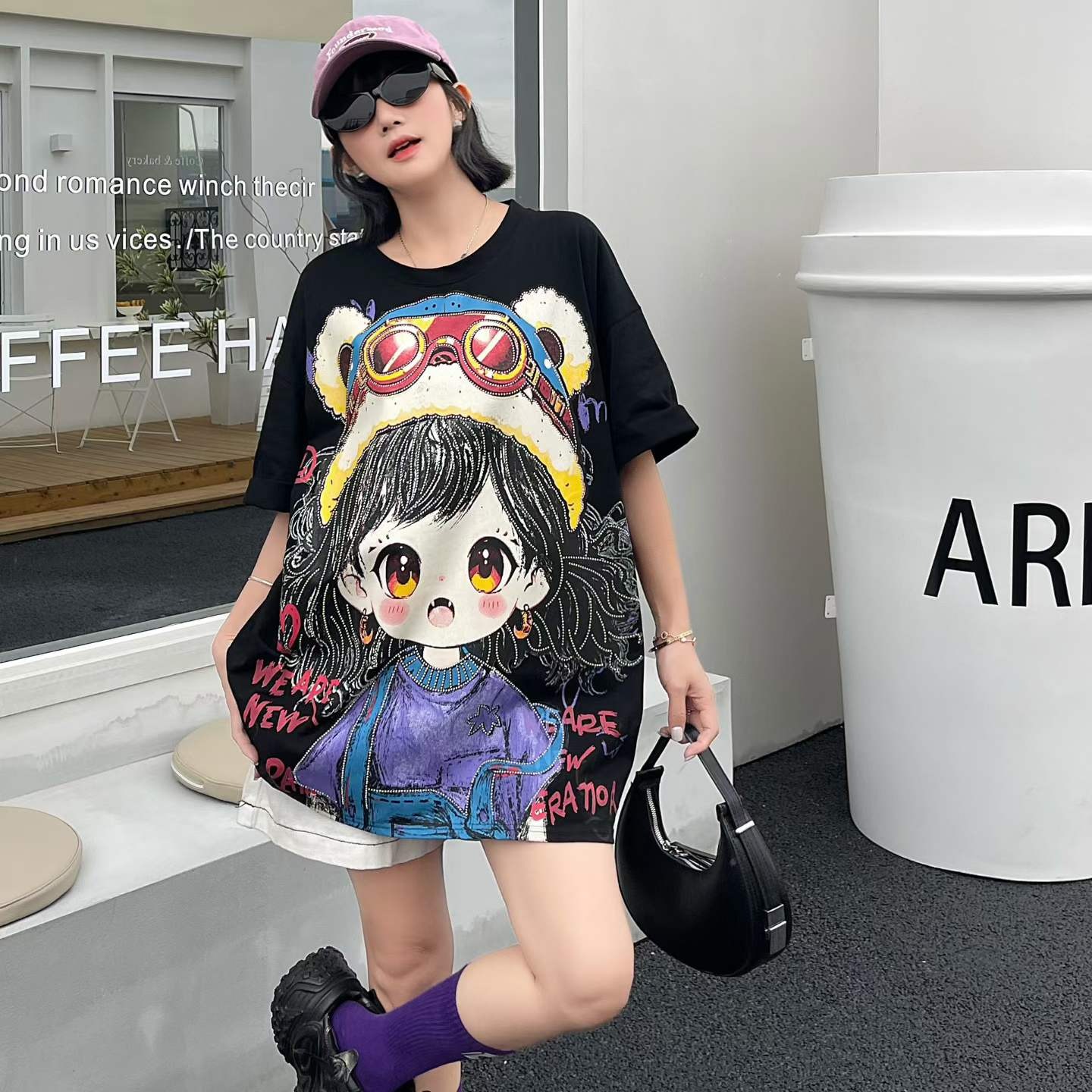 Women's 200GSM Cotton Anime Rhinestone Kawaii Cartoon Diamond Design Breathable Knitted Casual T-Shirt High Quality Heavy