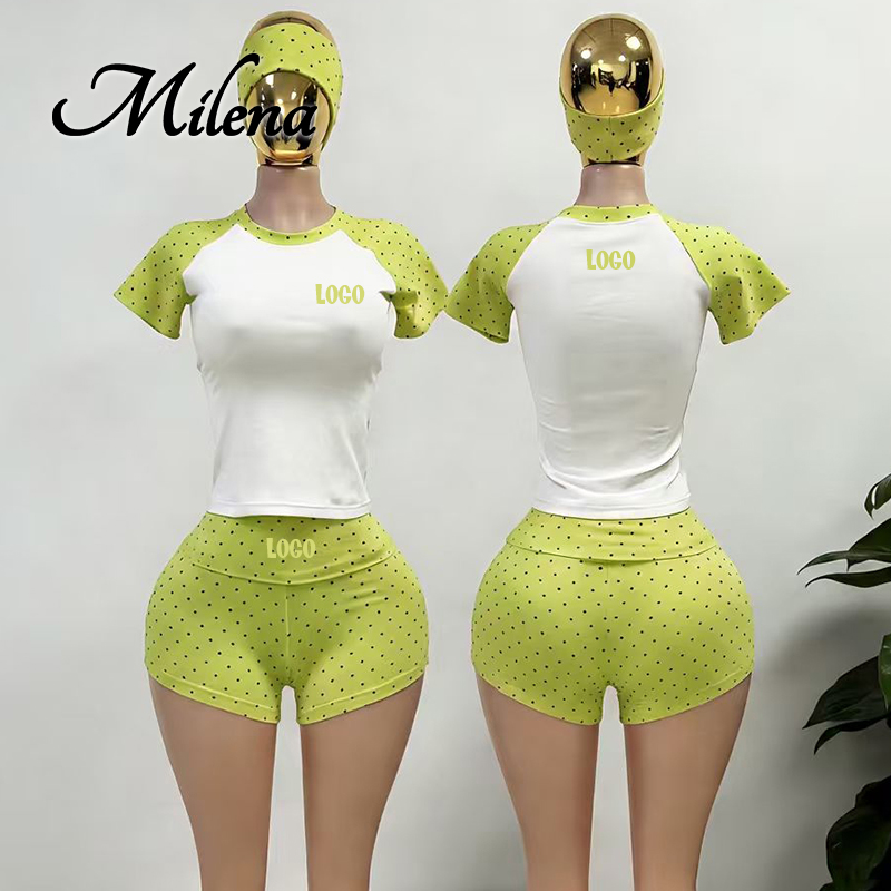 Custom logo Polka Dot Two Piece Set Y2k Women Clothing Cotton Short Sleeve t Shirt with Fold Over Shorts Women's Loungewear Set