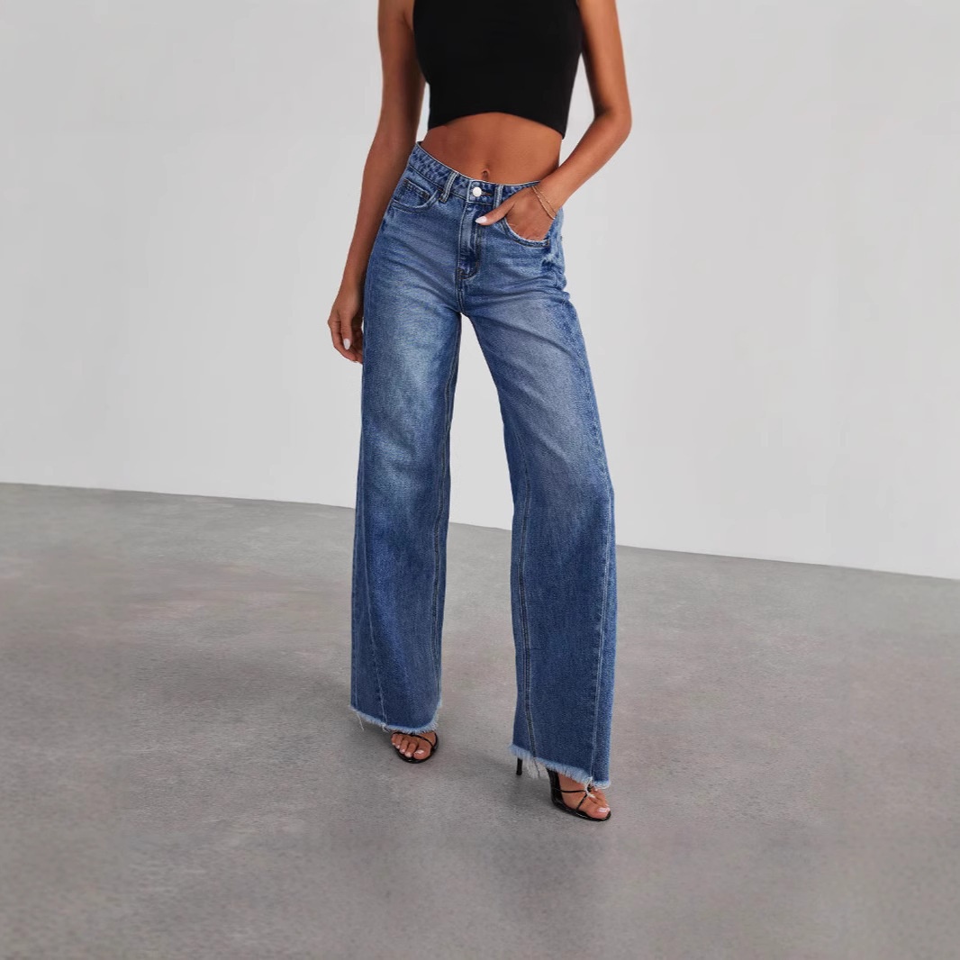 Women's Wide Leg Jeans High Waisted Stretchy Raw Hem Zimbaplatinum Denim Pants
