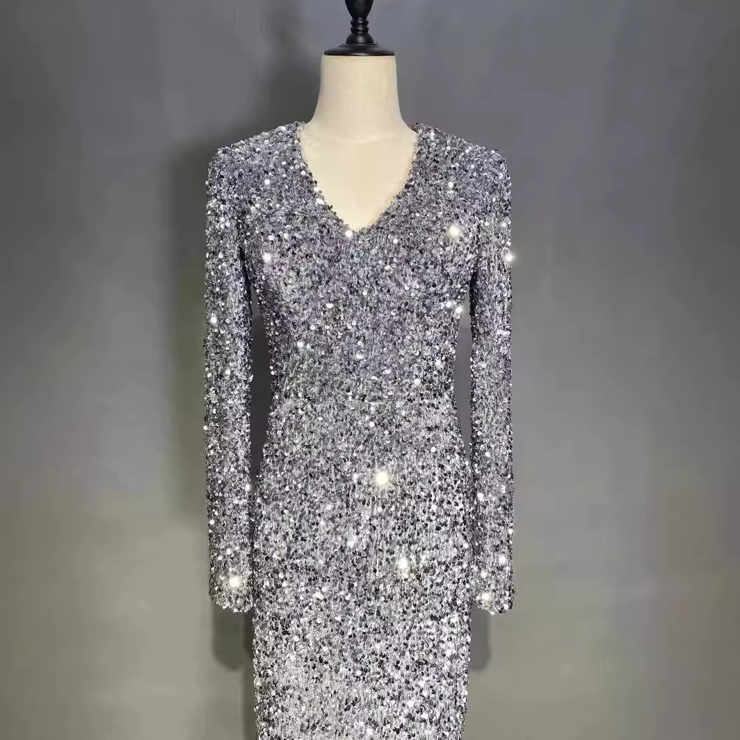 Custom Women's Elegant Designer Evening Dress Women V-Neck Long Sleeve Party Prom Banquet Dresses