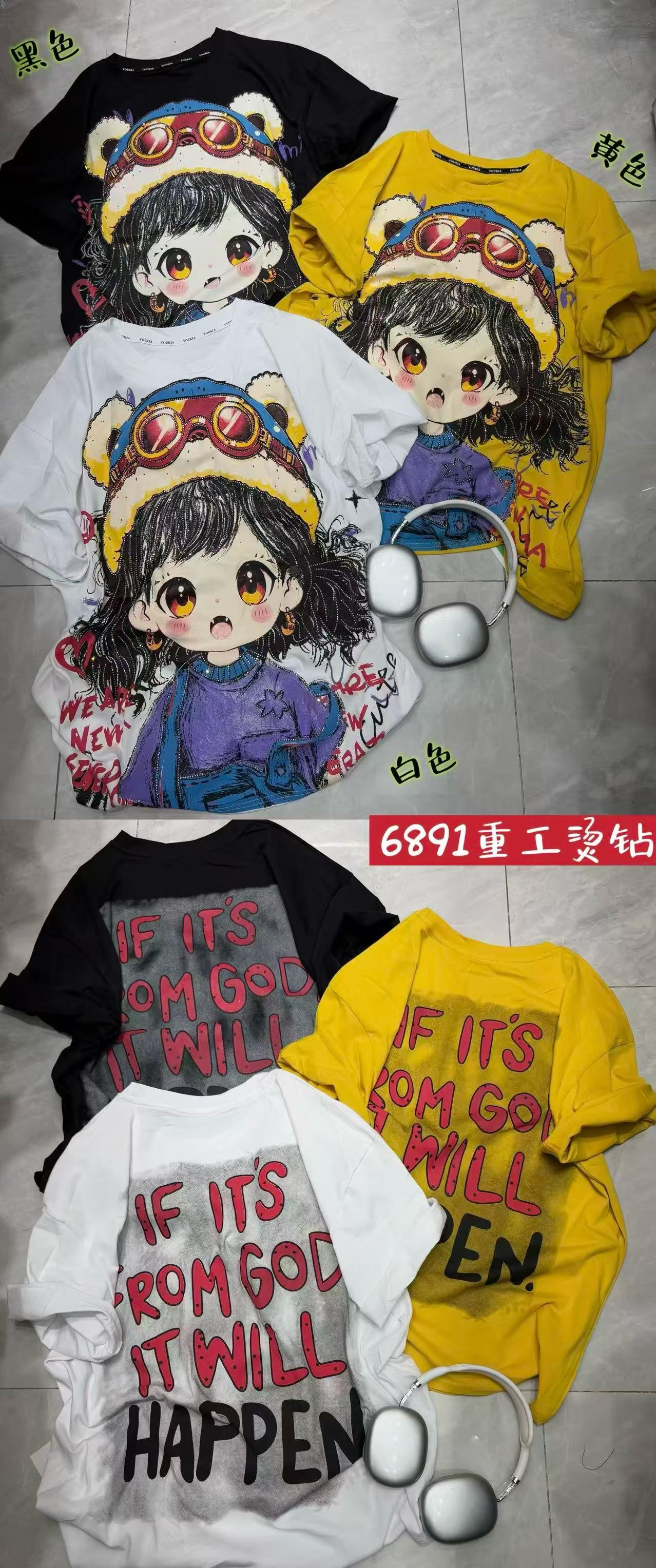 Women's 200GSM Cotton Anime Rhinestone Kawaii Cartoon Diamond Design Breathable Knitted Casual T-Shirt High Quality Heavy
