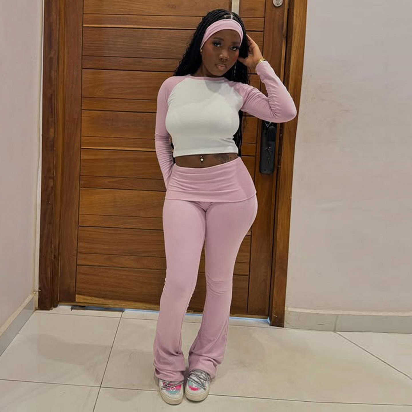 Women's Set: Foldable Flare Pants Set with Headband, High-Quality Stretch Fabric, 2-Piece Women's Loungewear Set
