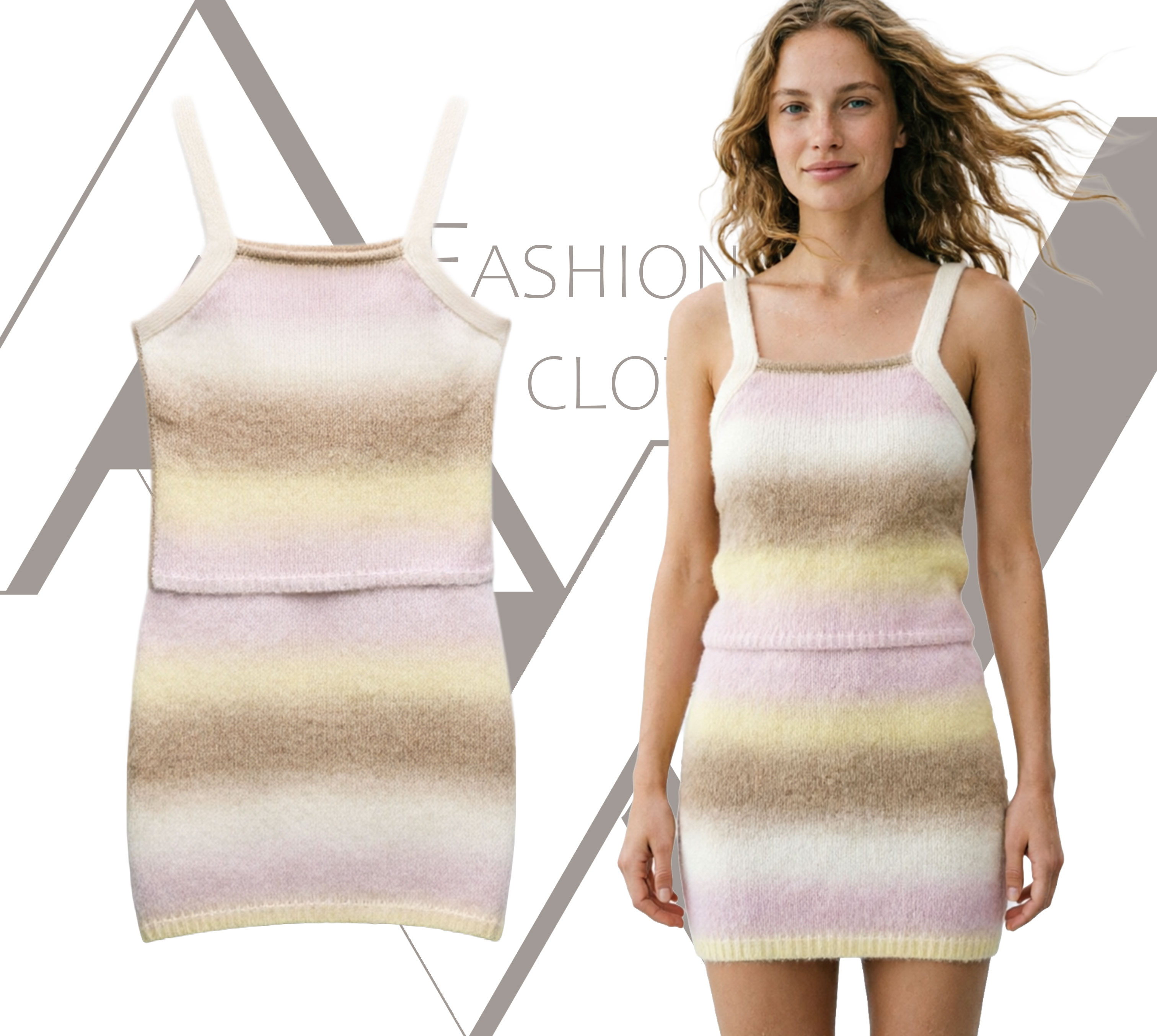 Ready Stock Women Gradient Knit Sleeveless Cami Top + Mini Skirt Soft Ribbed Knitted Outfit Casual Ladies Sweater Set