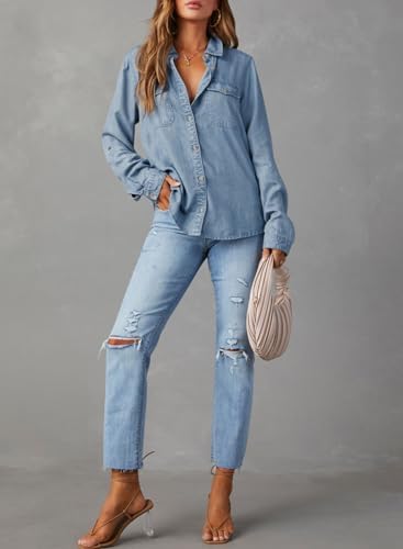 Women's Cotton Denim Blouse Top Button Casual Long Sleeve Plain Dyed Solid Pattern for Spring Autumn Women's Blouses Shirts