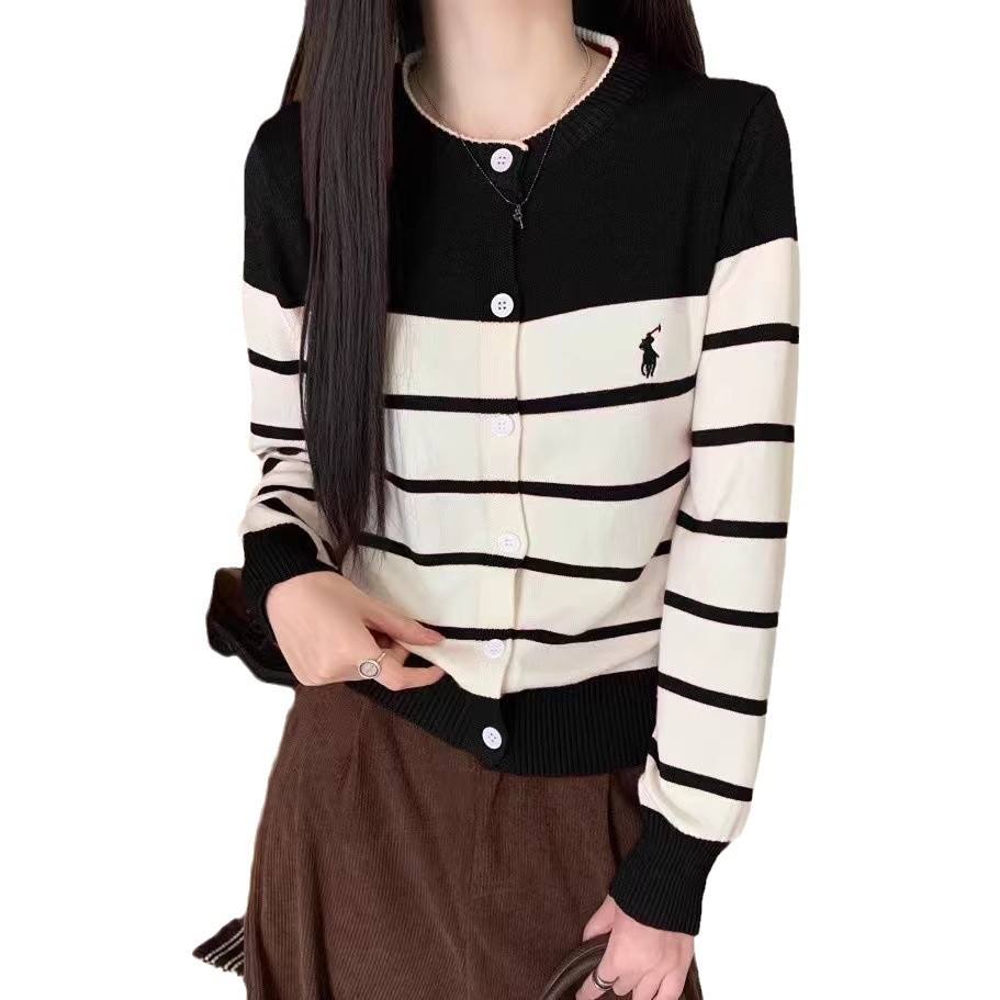 Women's Winter Korean Style Anti-Pilling Polyester/Cotton Varsity Cardigan Sweater Custom Logo O-Neck Striped Pattern Loose Fit