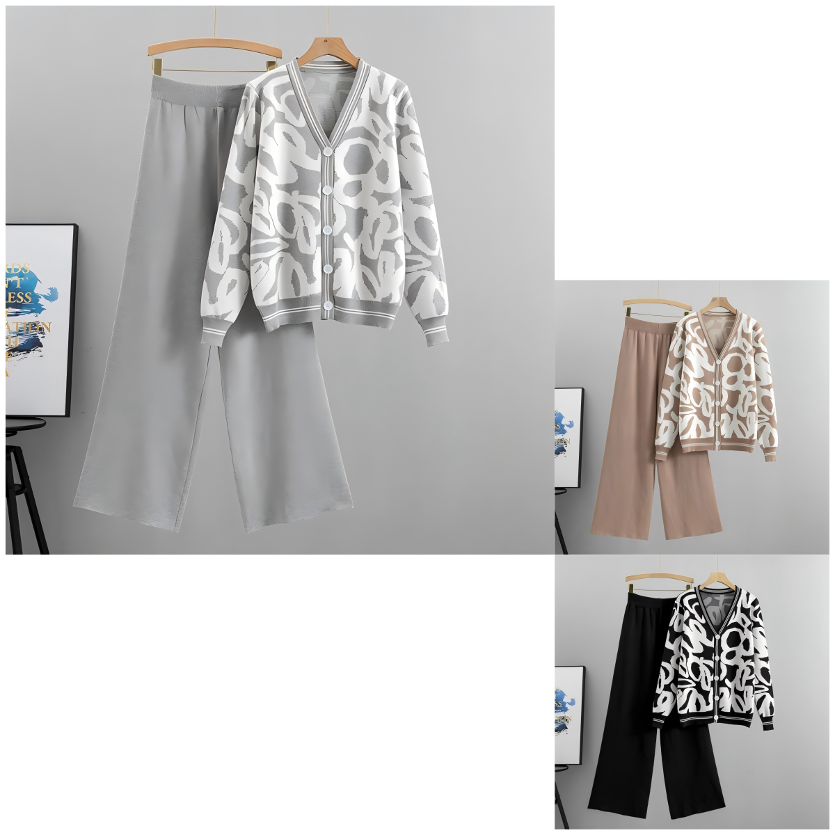 New Korean Leopard Viscose Knitted Cardigan Sweater Loose Wide Leg Pants Set Women's Fashion Two-piece Set