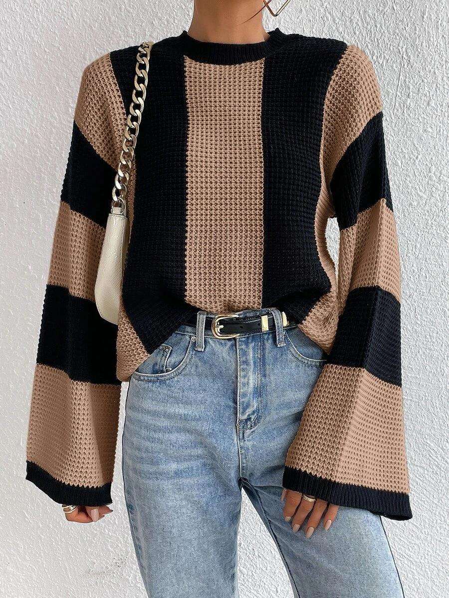 TIXOM Women's Autumn Season Casual Sweater Top With Front Logo Breathable Knitted Long Sleeves And Wide Stripes