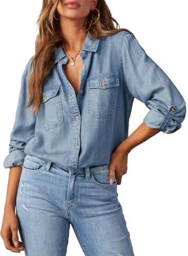 Women's Cotton Denim Blouse Top Button Casual Long Sleeve Plain Dyed Solid Pattern for Spring Autumn Women's Blouses Shirts