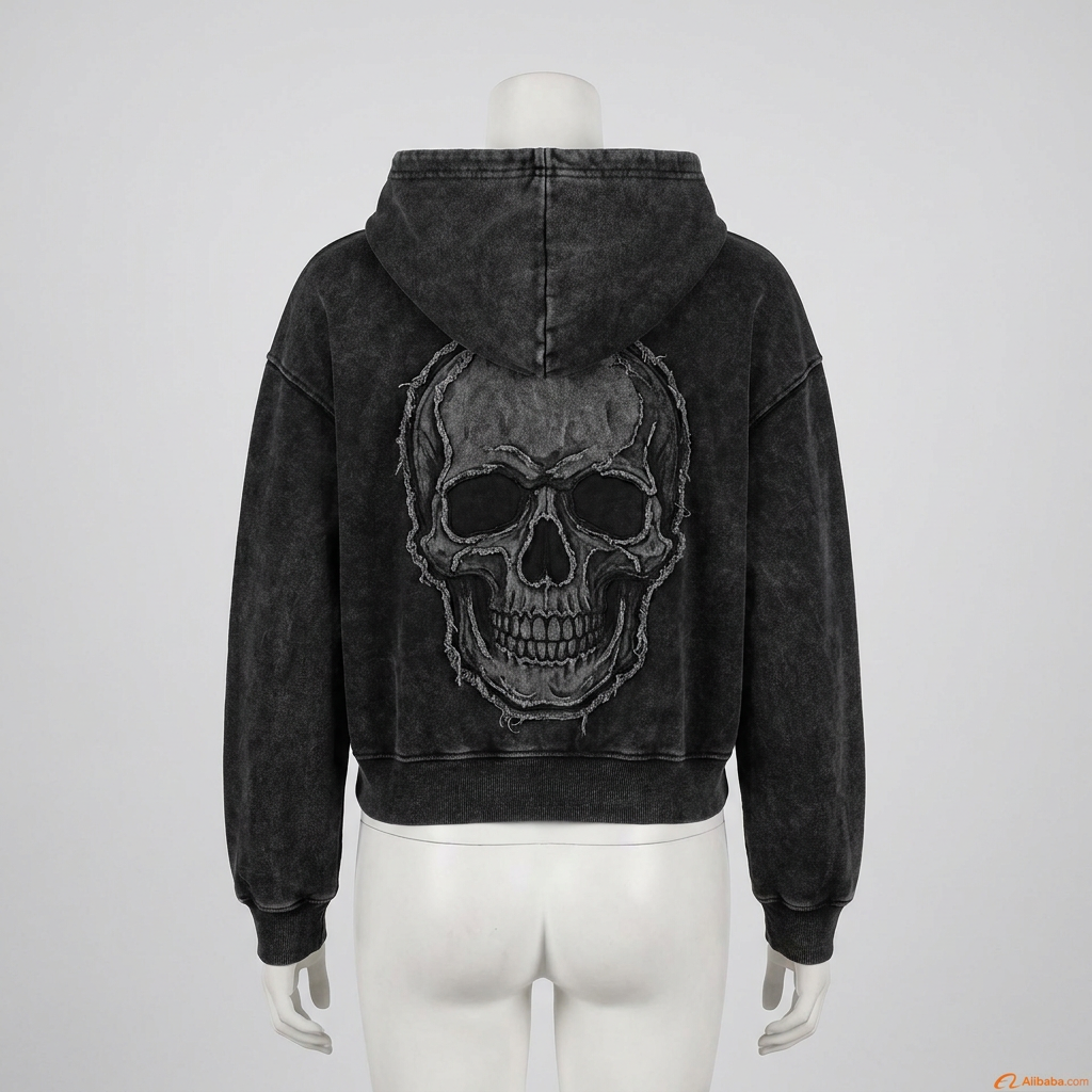 Women's Streetwear Acid Wash Crop Hoodie Custom Grey Short Length Fleece Sweatshirt Snake Cobra Chalice Graphic Print Raw Hem