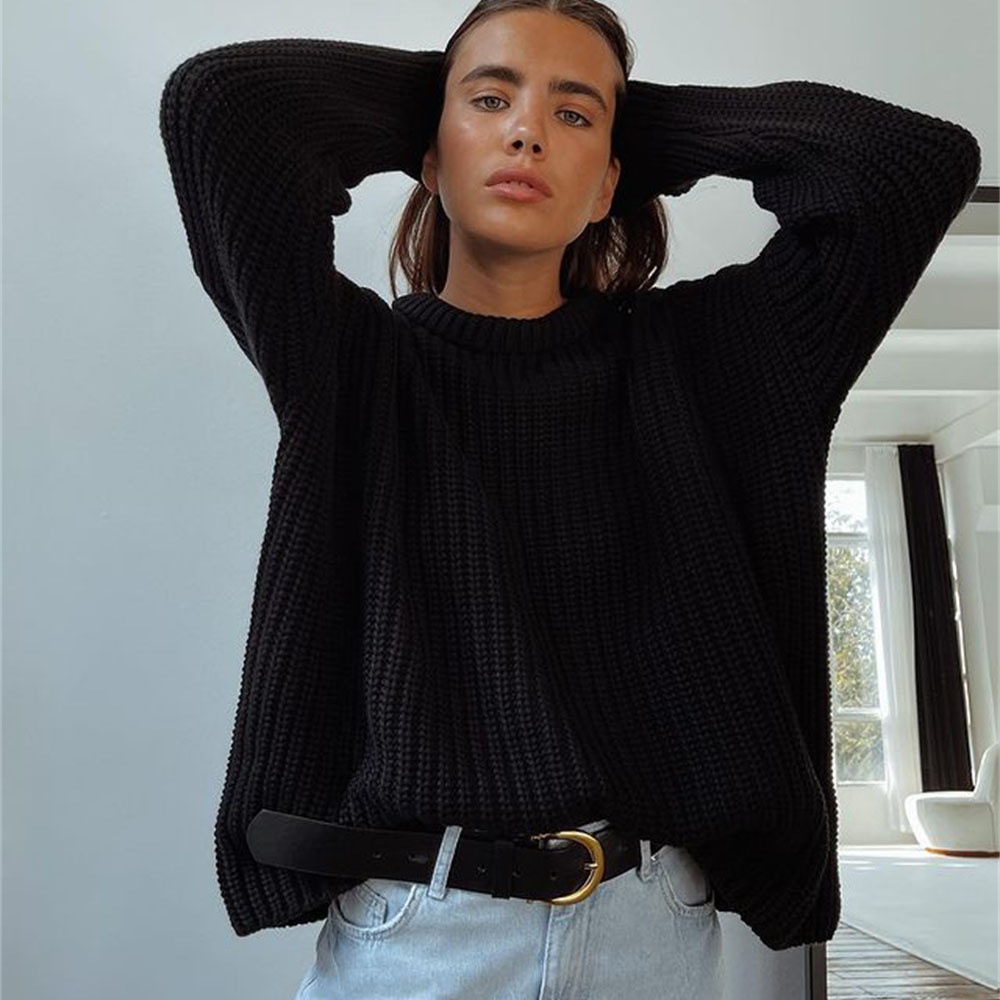 Women's Casual Crewneck Sweater Front/Back Logo Autumn Season Solid Color Long Sleeve Knitted Jacket Loose 'Lazy Wind' Style