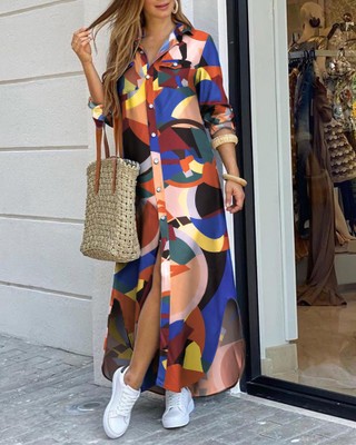 Fashion Women Long Sleeve Shirt Dress Autumn Printed OL Long Dresses Ladies Turn-down Collar Loose Sundress Party Dresses