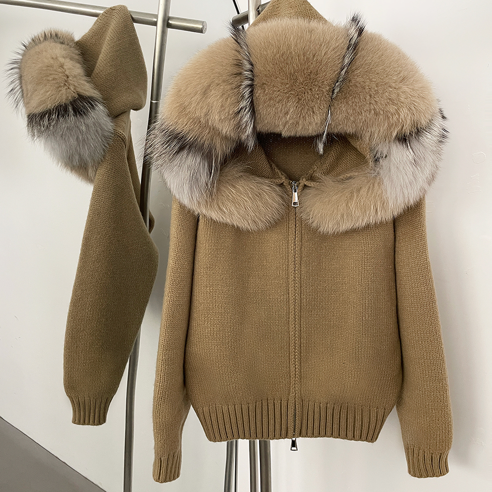 OFTBUY Real Fox Fur Collar Knitted Cardigan Women Detachable Fur Hooded Zipper Sweater Jacket Loose Oversize Winter Coat