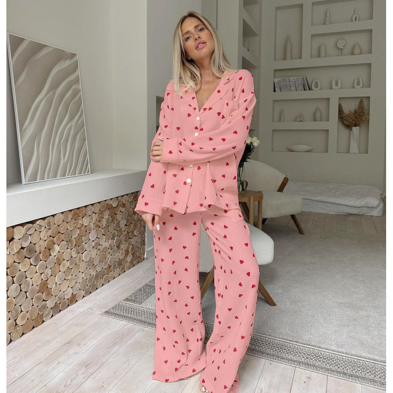 Women's Elegant Loose Long Sleeve Top Pants Sleepwear Set Heart Print Two-Piece Pajama Elastic Waist Soft Casual for Autumn