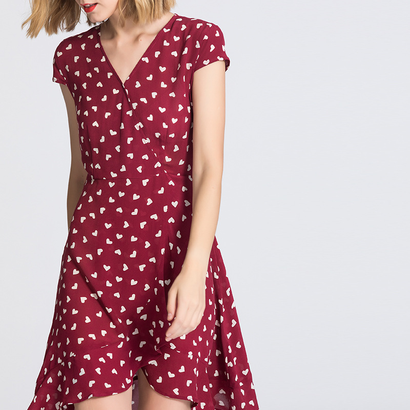 100% Silk Womens Dresses V Neck Printed Sexy Dress Short Sleeve Beach Summer Dress