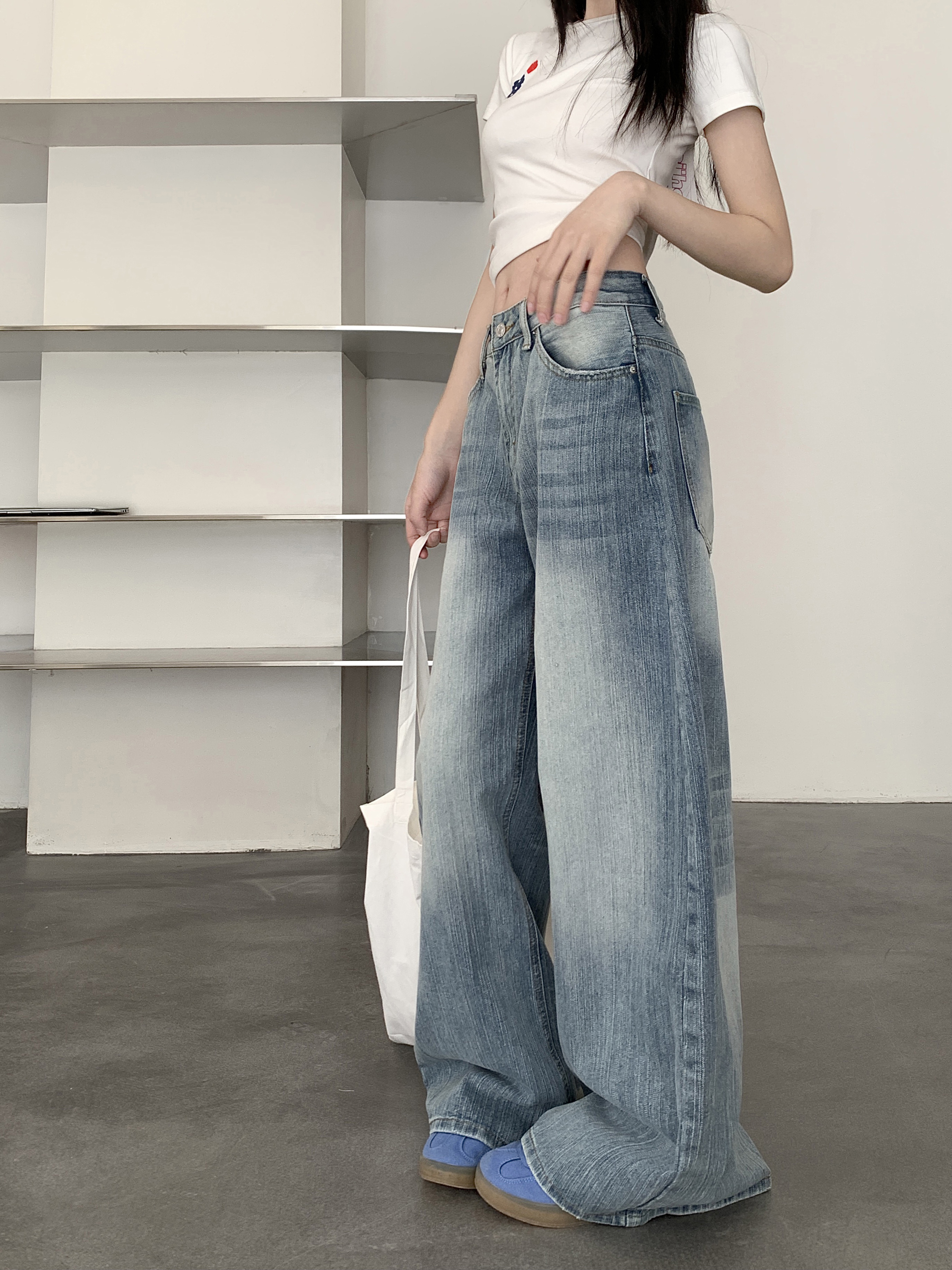 Vintage Nostalgic Machete Pants Women's High Waist All-Season Light Blue Denim Jeans Autumn Washed Loose Trousers with Wide Leg