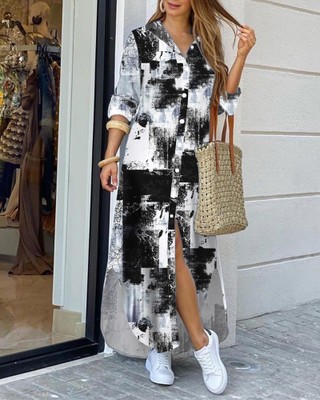 Fashion Women Long Sleeve Shirt Dress Autumn Printed OL Long Dresses Ladies Turn-down Collar Loose Sundress Party Dresses