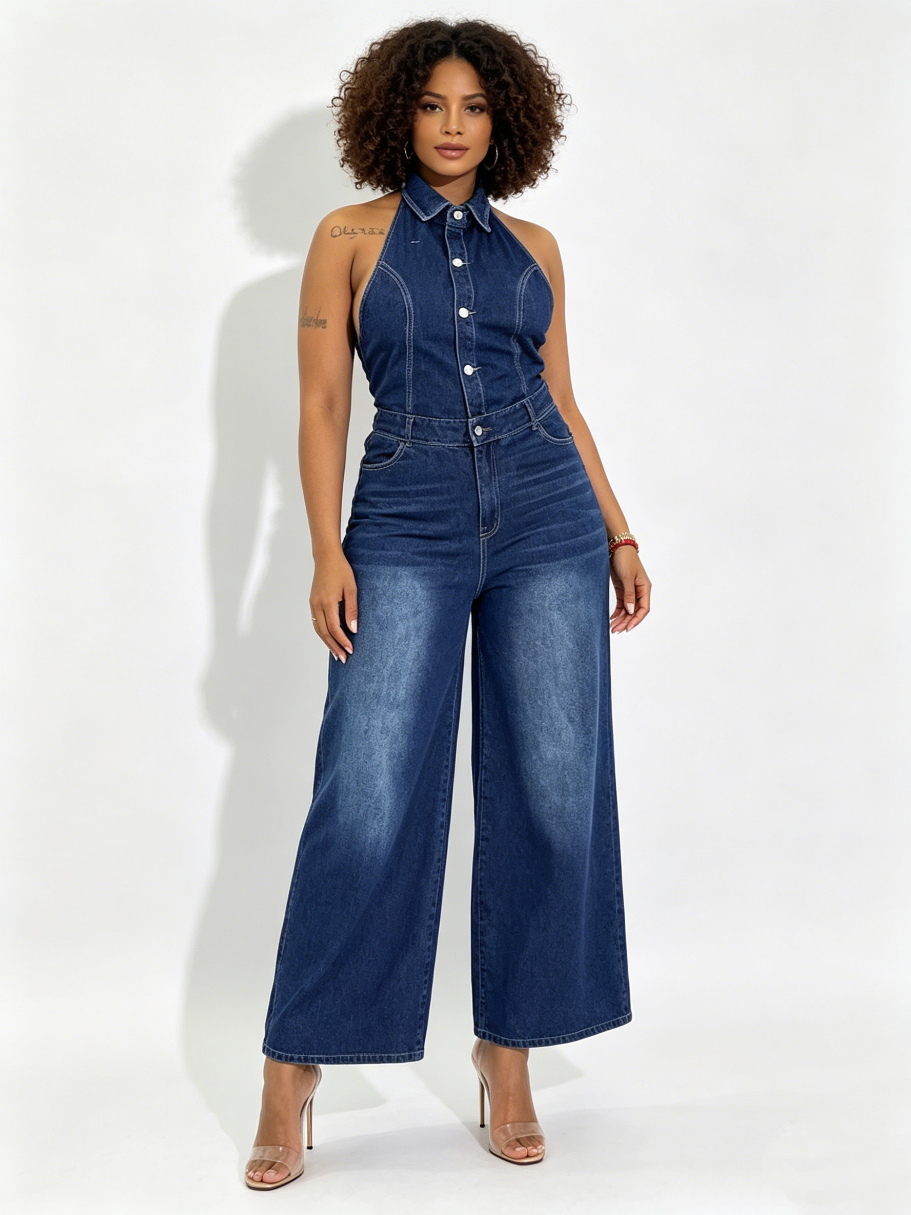 Wide Leg Denim Jumpsuit Women Halter Neck Sexy Backless Button Down Overalls Trendy Lapel One-Piece Jean Outfit