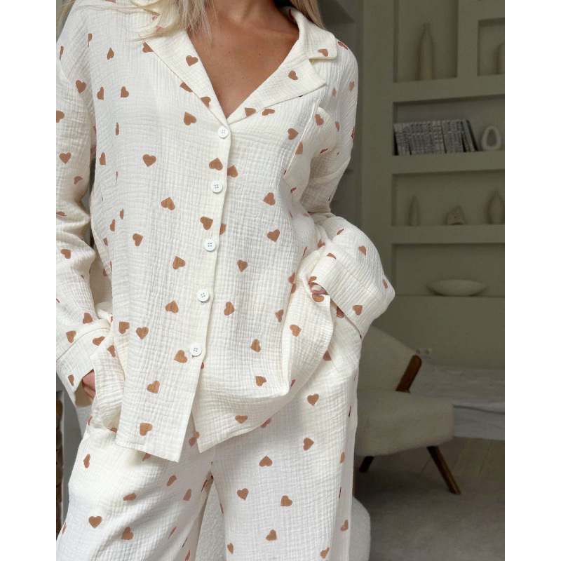 Women's Elegant Loose Long Sleeve Top Pants Sleepwear Set Heart Print Two-Piece Pajama Elastic Waist Soft Casual for Autumn