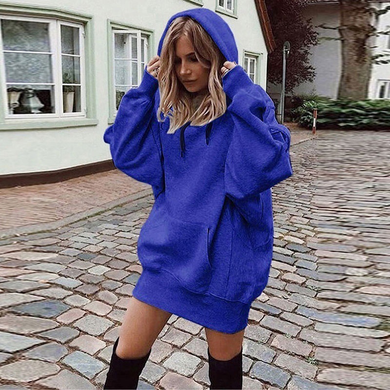 Women's Mid-Long Hooded Fleece Pullover Top Loose and Casual Design with Long Sleeves for Autumn and Winter Solid Color