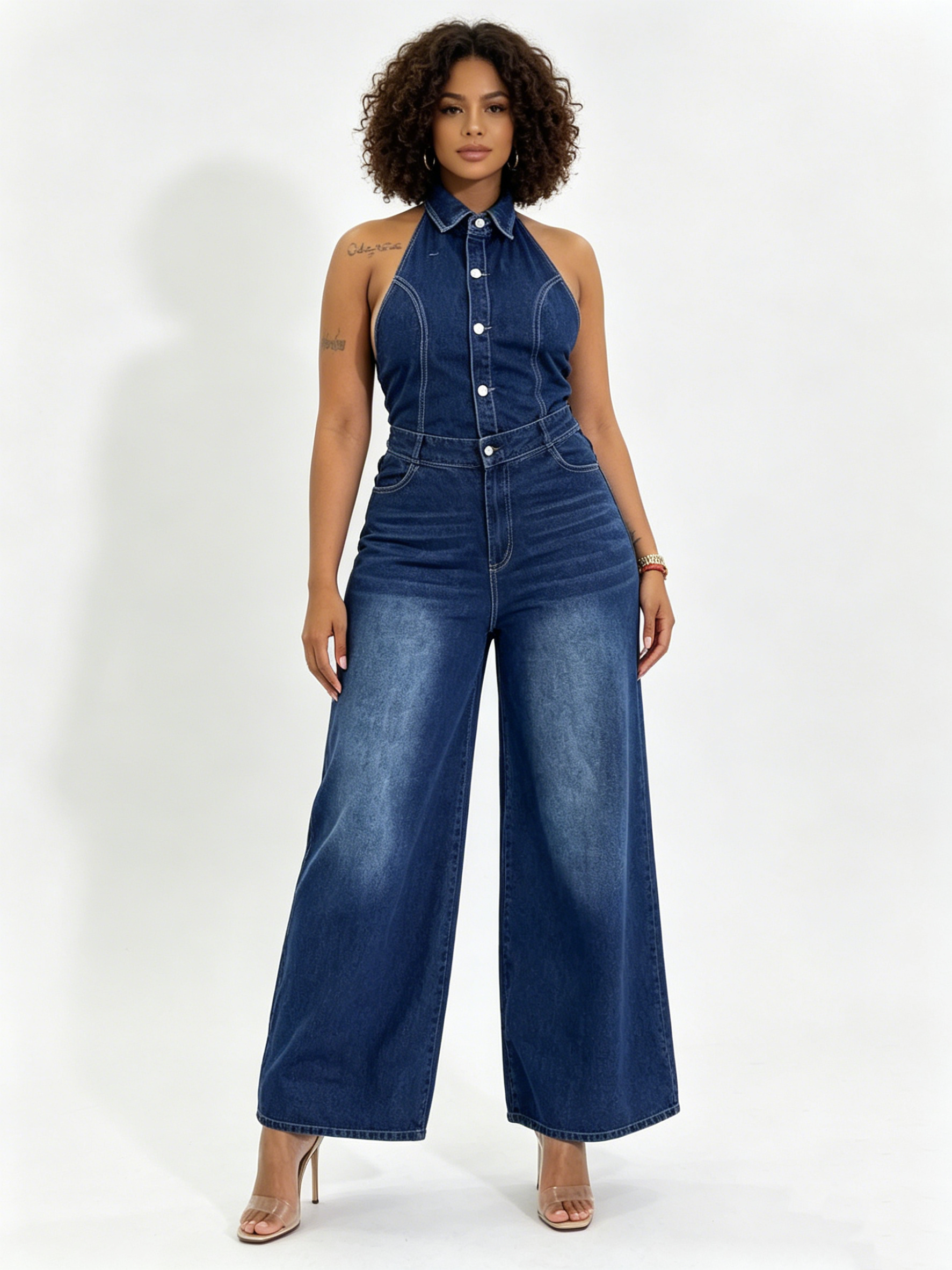 Wide Leg Denim Jumpsuit Women Halter Neck Sexy Backless Button Down Overalls Trendy Lapel One-Piece Jean Outfit