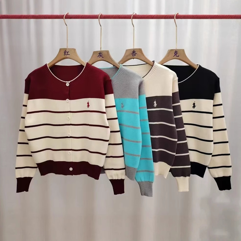 Women's Winter Korean Style Anti-Pilling Polyester/Cotton Varsity Cardigan Sweater Custom Logo O-Neck Striped Pattern Loose Fit