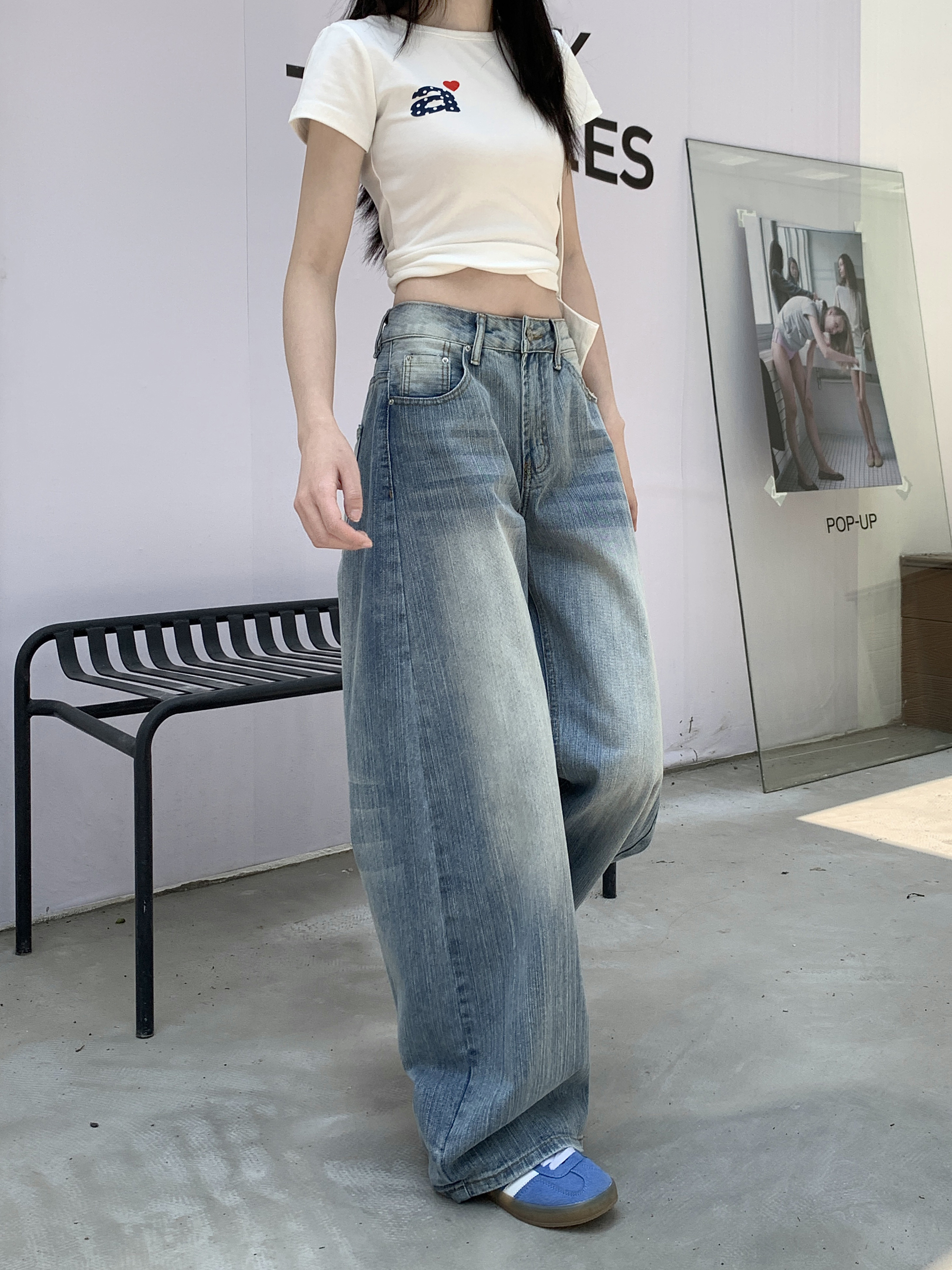 Vintage Nostalgic Machete Pants Women's High Waist All-Season Light Blue Denim Jeans Autumn Washed Loose Trousers with Wide Leg