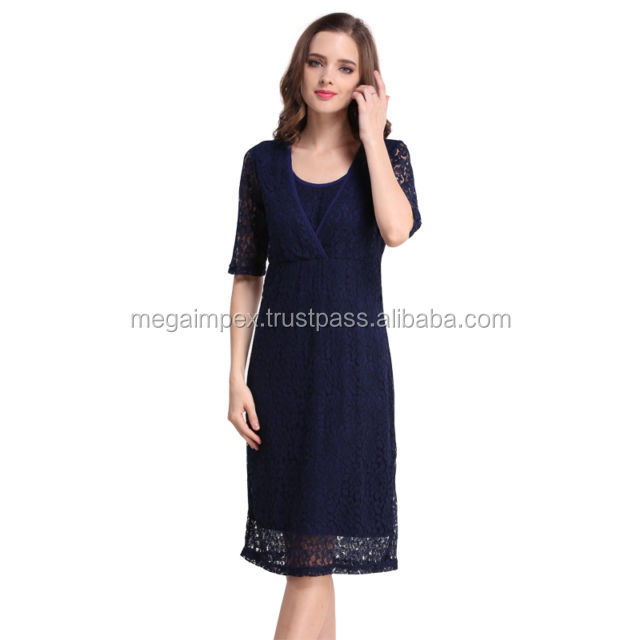 2026 Plus Size Pregnant Women Fashion Mandarin Collar Chiffon Maternity Dress Cashmere Lace Double-Layer Collar Button