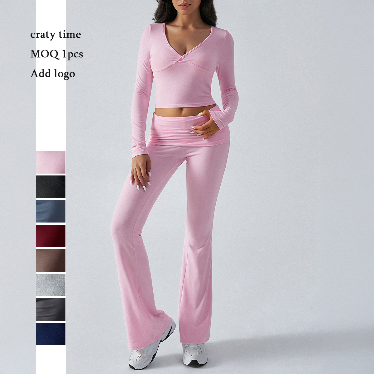 Fall 2025 OEM Activewear Loungewear 2 Pieces Flare Pants Set for Women Low Waist Leggings Foldover Trouser Lounge Wear Sets