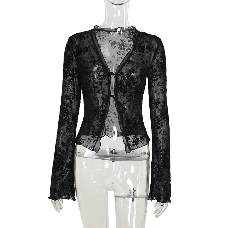 High Quality Chiffon Blouse Sexy V-Neck Ruffled Bell Sleeves Women Shirts Wholesale Plants &amp; Flowers Pattern Women's Top