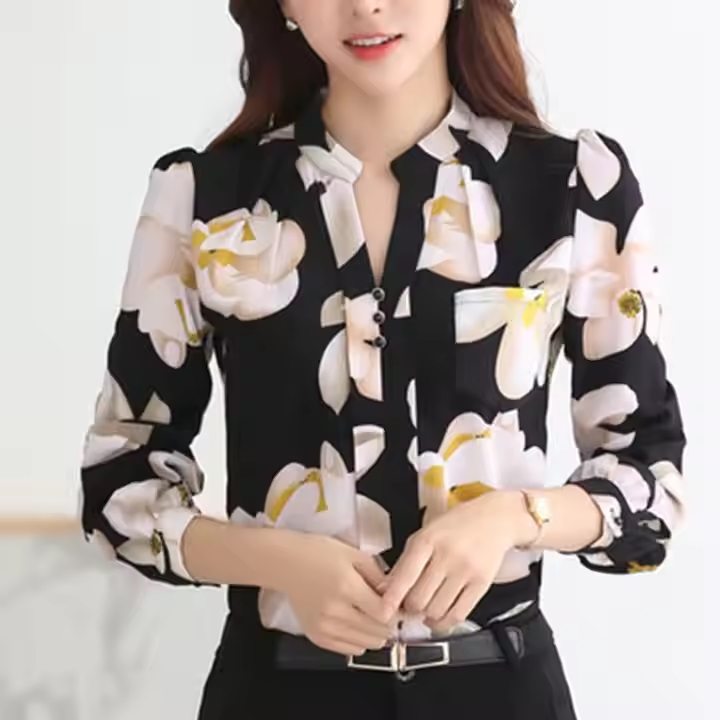 Elegant Plus Size Blouse New Fashion Women's Long Sleeve Chiffon Shirt Women Blouse Top Printed Shirts