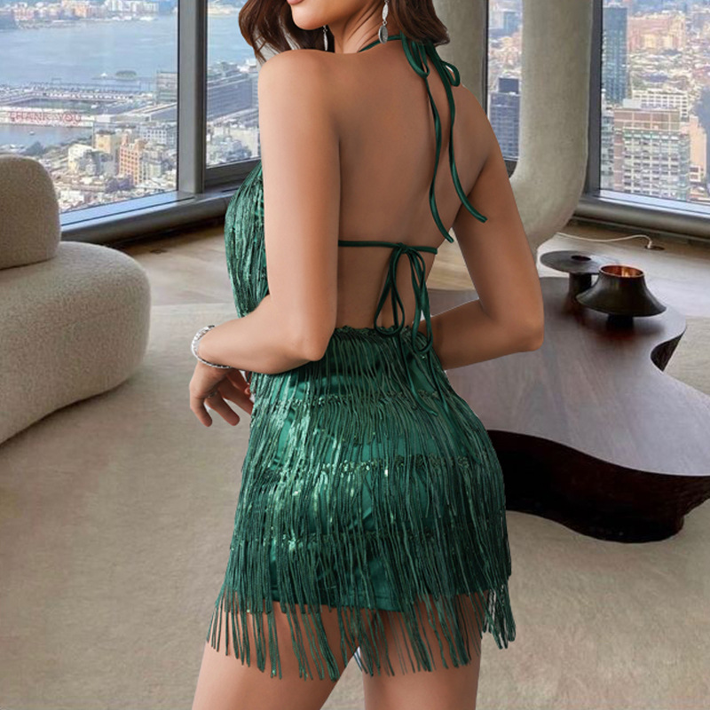 Cross-border Women's Clothing Sexy Nightclub Style Suspender Skirt Pants Fashion Hot Girl Backless Sequin Tassel European Dress