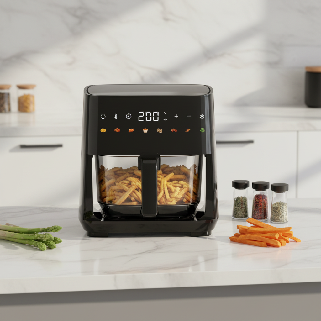 4.3L Modern Electric Glass Air Fryer One-Touch Smart Color Screen 8 Preset Modes Oil-Free Fryer No Flipping Needed RV