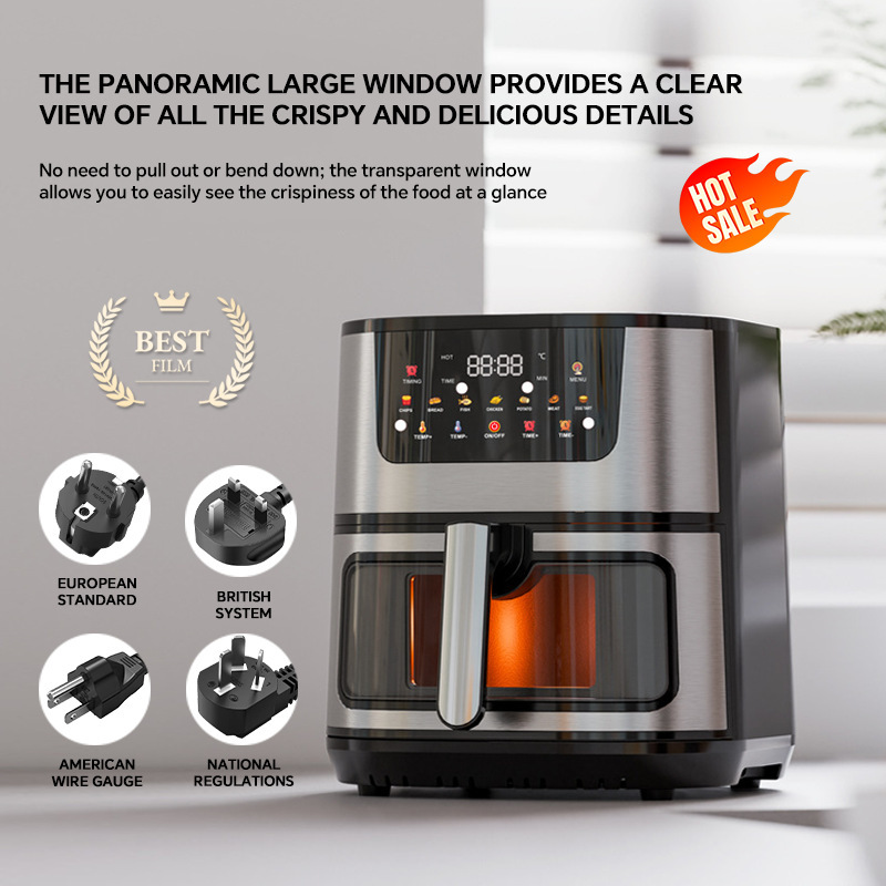 Smart Oil-Free Air Fryer 8L Professional Stainless Steel Household Digital Fryer with Transparent Visible Window 1500W
