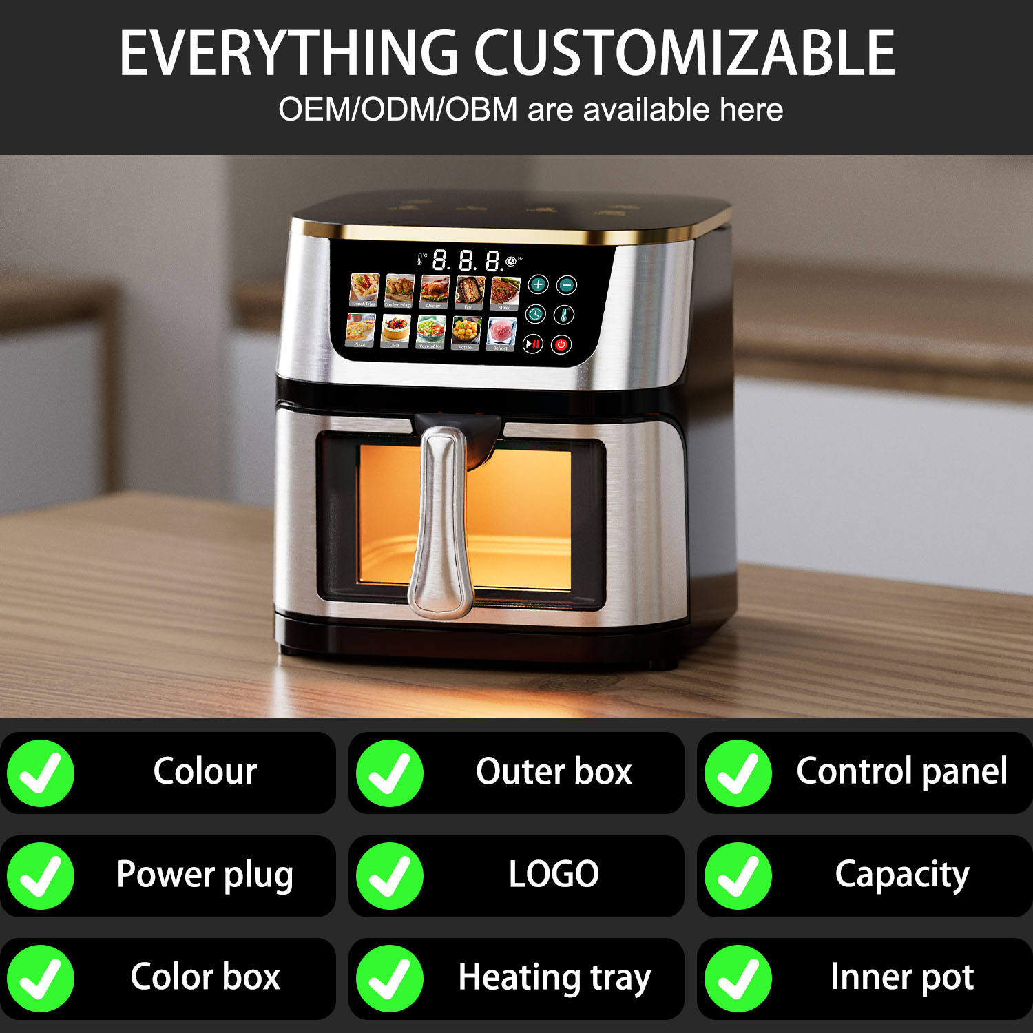 Customizable 8l Hot Air Fryer Without Oil Touchscreen Digital Electric Deep Air Frier Fryer With Visual Window