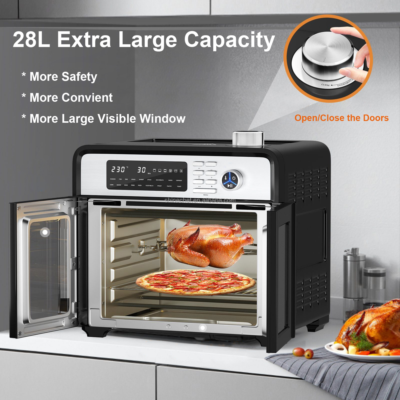 Big Volume Convection Oven Horno Freidora De Aire French Doors Digital Countertop Air Fryer Oven Combo With Visible Window